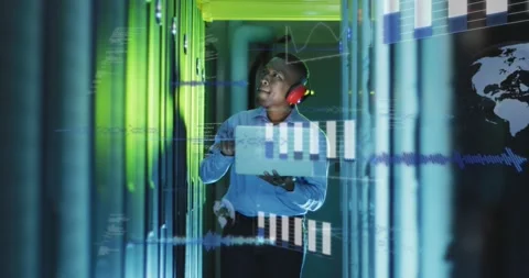 Animation of data processing over african american male it engineer and computer Stock Footage 328232739
