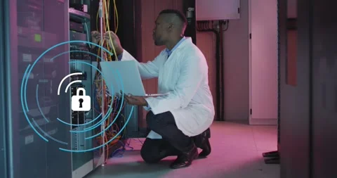 Animation of data processing over african american male it engineer and computer Stock Footage 328232741