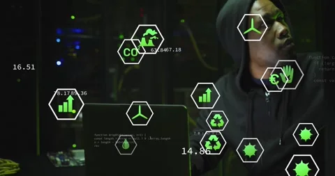 Animation of data processing over african american male hacker with computer and Stock Footage 328450168