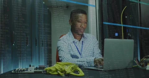 Animation of data processing over african american male it engineer and computer Stock Footage 328634254