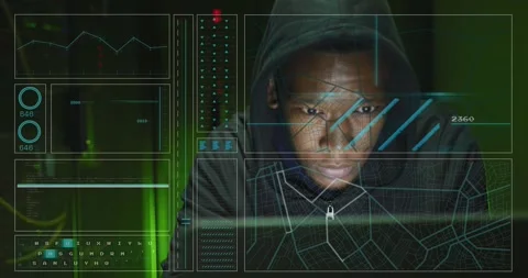 Animation of data processing over african american male hacker with computer and Stock Footage 328707360