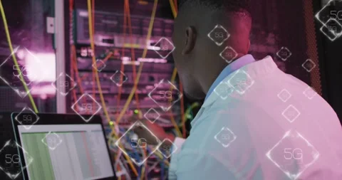 Animation of data processing over african american male it engineer and computer Stock Footage 328811127