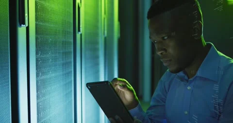 Animation of data processing over african american male it engineer and computer Stock Footage 329016839