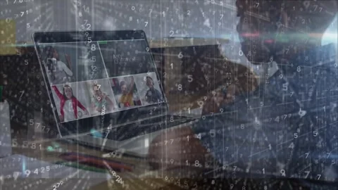 Animation of data processing over african american schoolboy having online Stock Footage 329687776