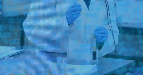Animation of data processing over african american female doctor with test tubes Stock Footage 329857649