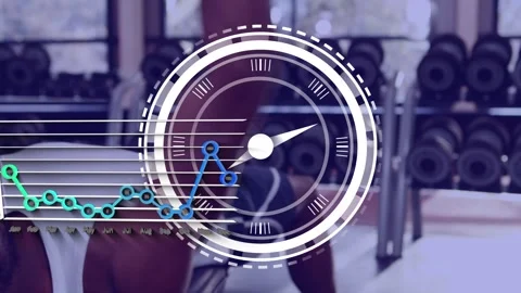 Animation of data processing over african american man exercising at gym Stock Footage 330294460