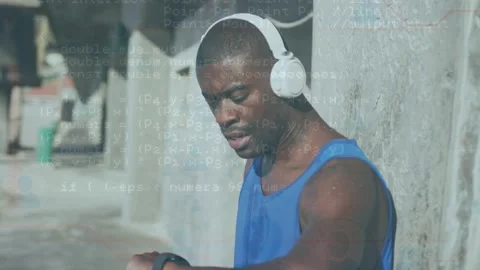 Animation of data processing over african american sports man checking Stock Footage 330474701