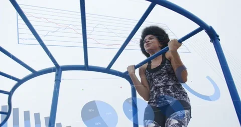 Animation of data processing over african american woman exercising Stock Footage 330478951