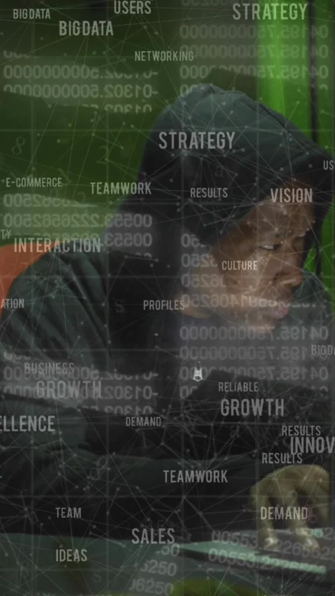 Animation of data processing over african american man using laptop in server Stock Footage 341953188