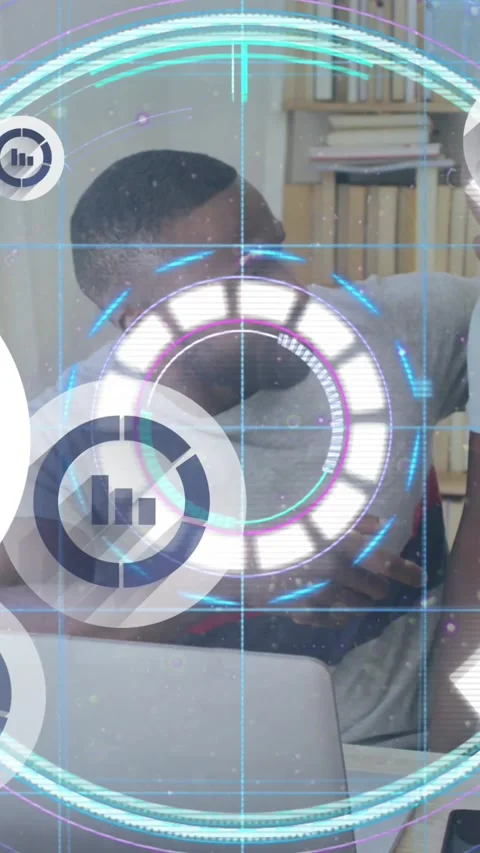Animation of data processing over african american father and son using laptop Stock Footage 342009714