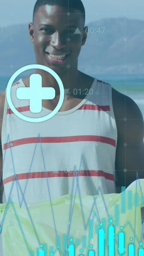 Animation of data processing over african american family cleaning beach Stock Footage 342033886