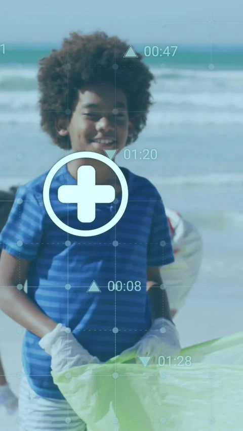 Animation of data processing over african american family cleaning beach Stock Footage 342033887