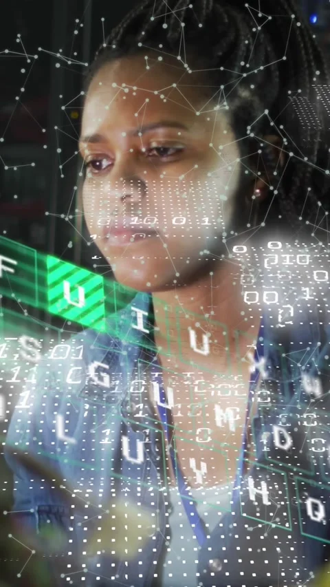 Animation of data processing over african american businesswoman using computer Stock Footage 342594446
