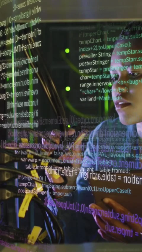 Animation of data processing over african american woman working in server room Stock Footage 342676100