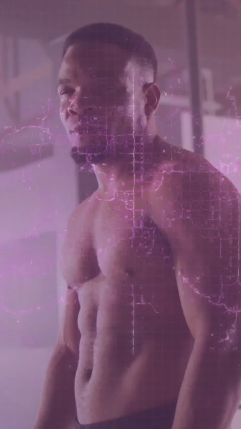 Animation of data processing over african american man exercising in boxing gym Stock Footage 342910396