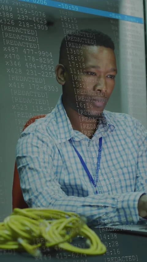 Animation of data processing over african american male it engineer and computer Stock Footage 343498634
