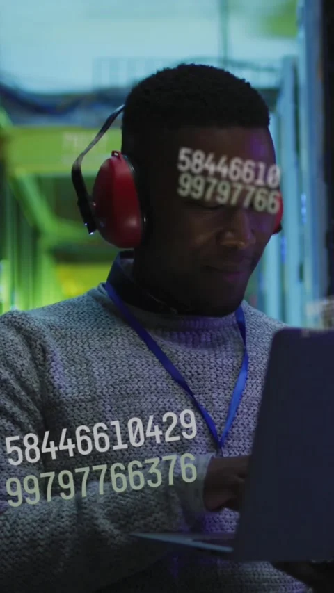 Animation of data processing over african american male it engineer and computer Stock Footage 343545464