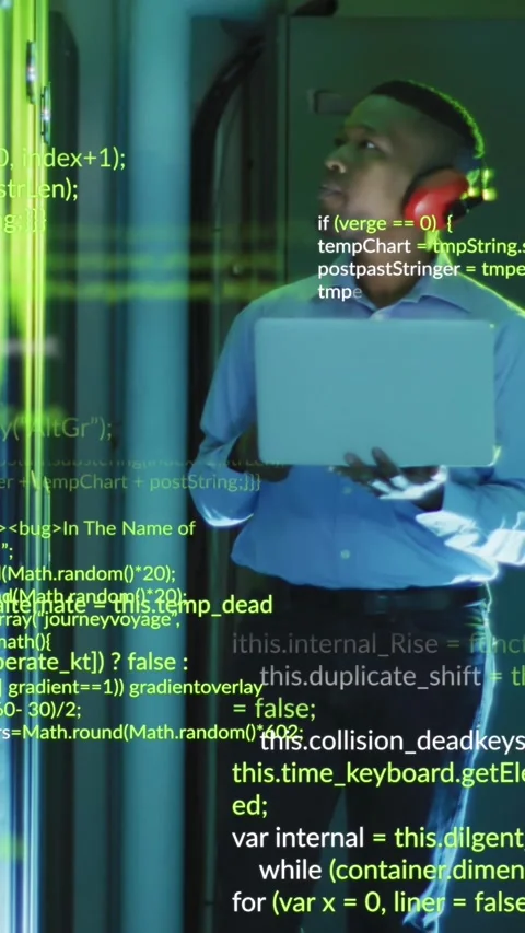 Animation of data processing over african american male engineer using laptop at Stock Footage 343615603