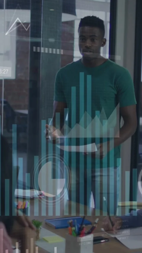 Animation of data processing over african american man reading a document to his Stock Footage 344012041