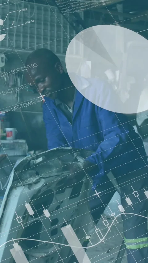 Animation of data processing over african american male car mechanics repairing Stock Footage 344636755