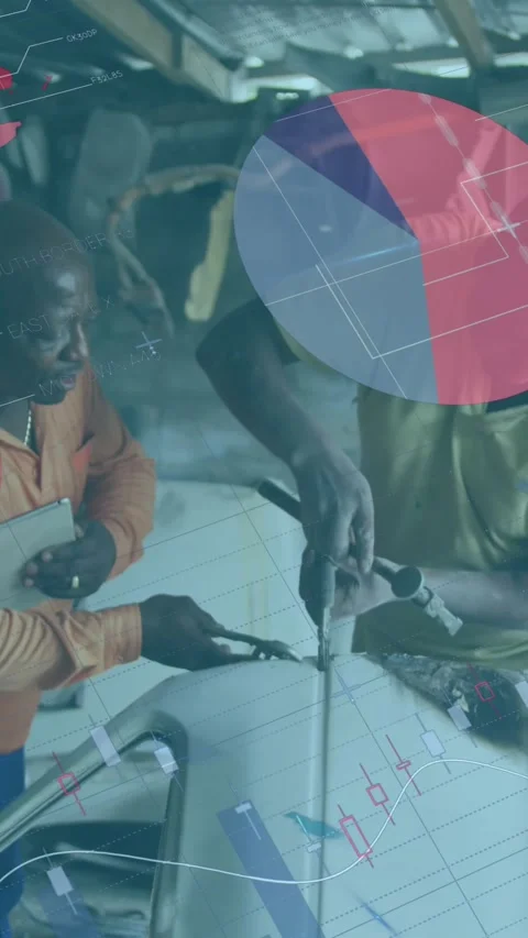 Animation of data processing over african american male car mechanics repairing Stock Footage 344636756