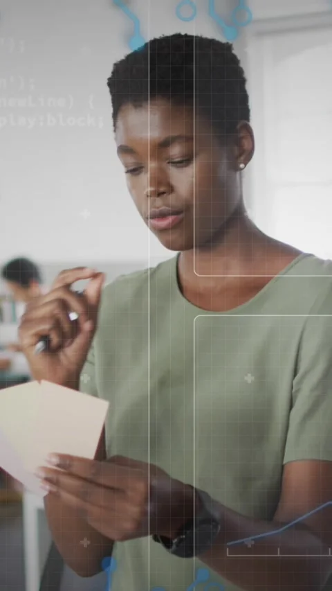 Animation of data processing over african american businesswoman in office Stock Footage 344679848
