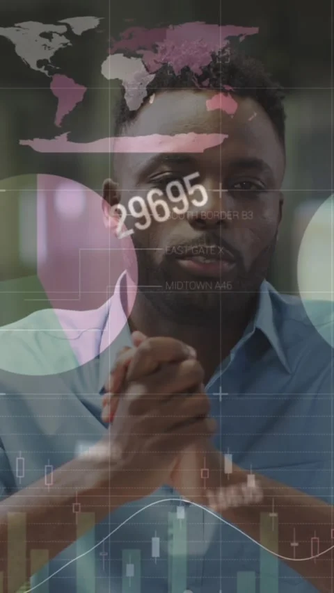 Animation of data processing over african american man talking looking at the Stock Footage 344746094