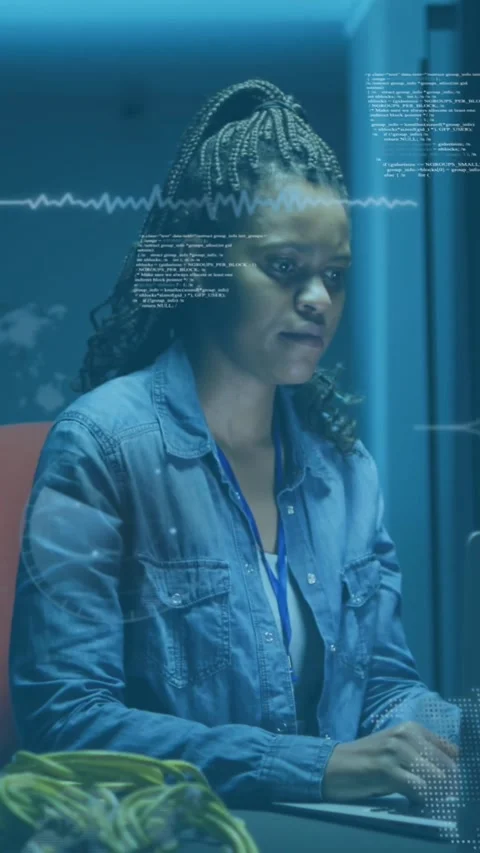 Animation of data processing over african american it woman by computer servers Stock Footage 344766280
