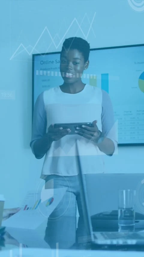 Animation of data processing over african american woman giving a presentation Stock Footage 344774665