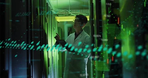 Animation of data processing over asian male it engineer by computer servers Stock Footage 328595447