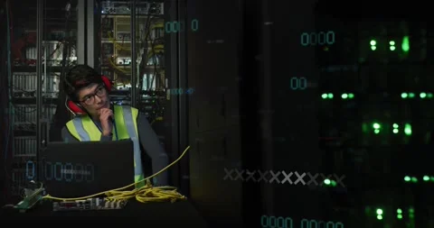 Animation of data processing over asian male it engineer and computer servers Stock Footage 328919430