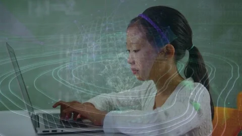 Animation of data processing over asian girl using laptop at school Stock Footage 330399524