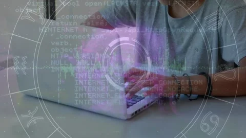 Animation of data processing over asian boy using laptop at school Stock Footage 330728148
