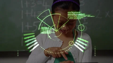 Animation of data processing over asian girl typing using tablet at school Stock Footage 330731664