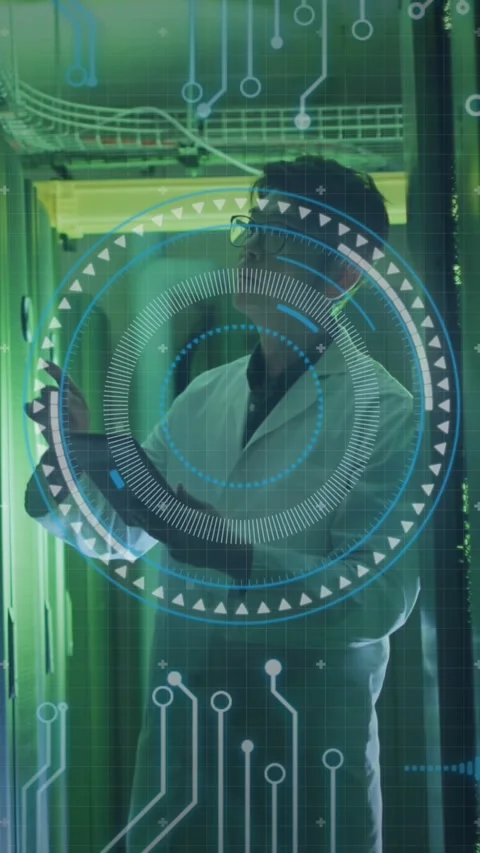 Animation of data processing over asian male it engineer with tablet checking Stock Footage 342225395