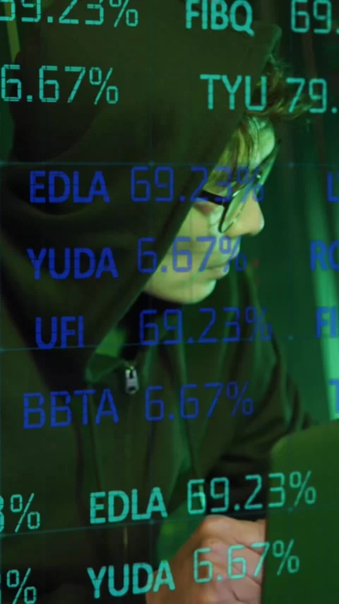 Animation of data processing over asian male hacker with laptop by computer Stock Footage 342225455