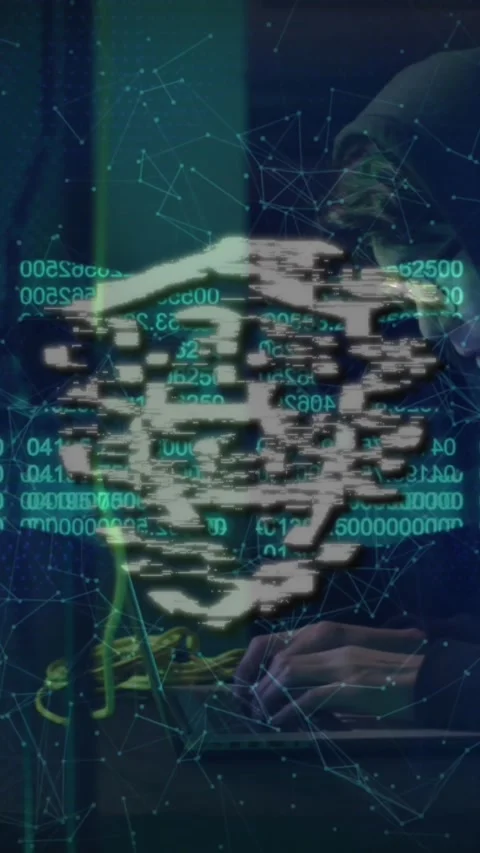 Animation of data processing over asian male hacker in server room Stock Footage 342641803