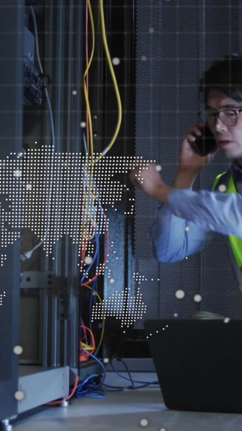 Animation of data processing over asian male worker in server room Stock Footage 344774391