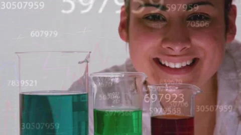 Animation of data processing over beakers with liquid and female scientist Stock Footage 329686772