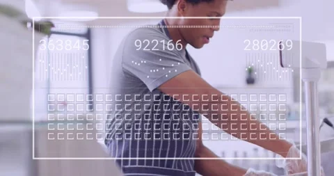 Animation of data processing over biracial male shop assistant cutting cheese Stock Footage 229195957