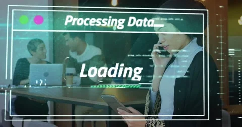 Animation of data processing over biracial businesswoman using smartphone and Stockbeeldmateriaal 229202158