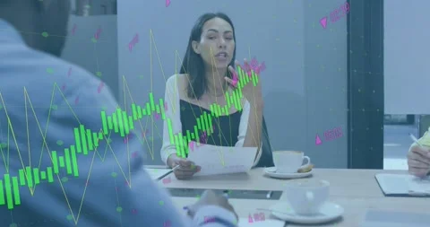 Animation of data processing over biracial woman with document talking to her Video stock 249071873