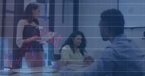 Animation of data processing over biracial woman with document discussing with Video stock 253527002