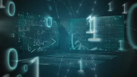 Animation of data processing over black background with screens and binary code 動画素材 327901169