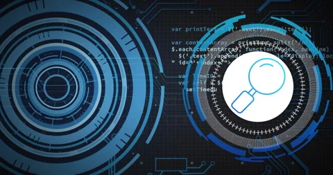 Animation of data processing over blue circular scanners and search icon on Stock Footage 266921927