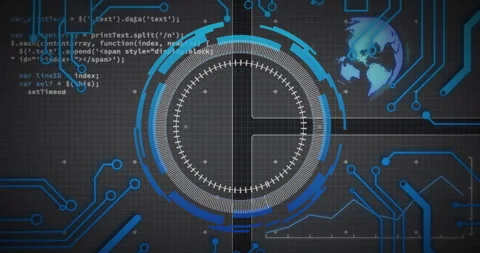 Animation of data processing over blue motherboard network, circular scanner and Stock Footage 266921965