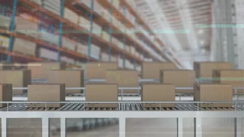 Animation of data processing over boxes on conveyor belt in warehouse Stock Footage 202231365