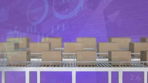 Animation of data processing over boxes on conveyor belt Stock Footage 327781423