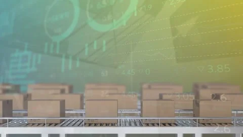 Animation of data processing over boxes on conveyor belt Stock Footage 327898910