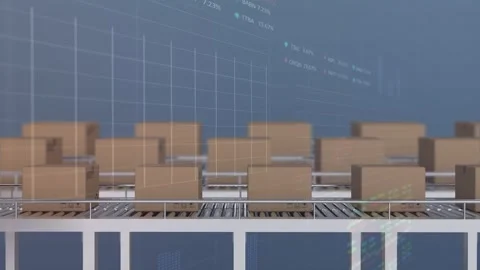 Animation of data processing over boxes on conveyor belt Stock Footage 328588030